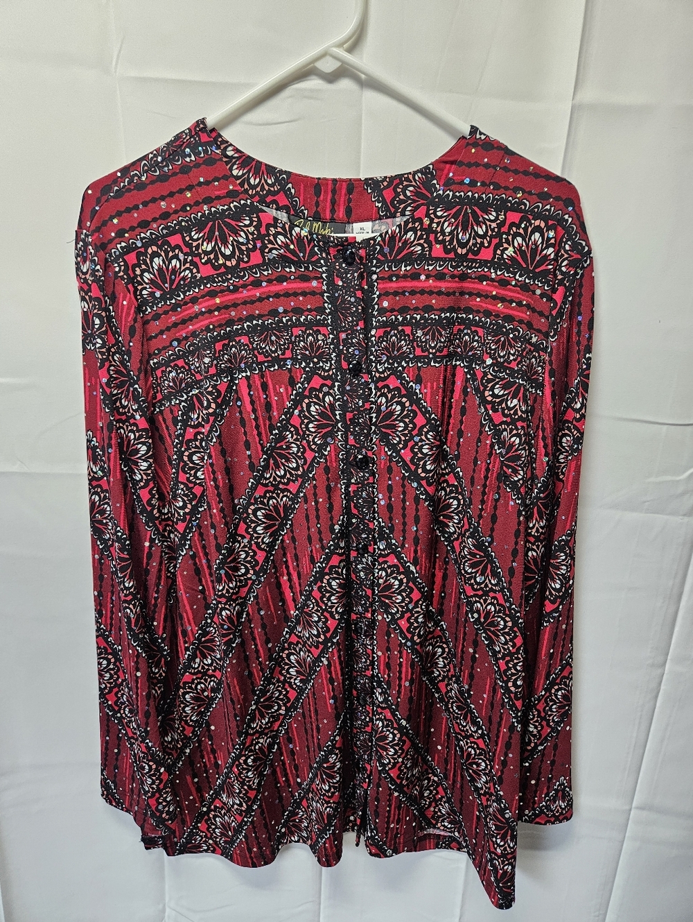 Bob Mackie Long Sleeve Tunic Top in Red and Black Floral Geo NWT